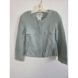 Chanel Light Green Virgin Wool/Silk Made in France Tweed Blazer Jacket size EU40